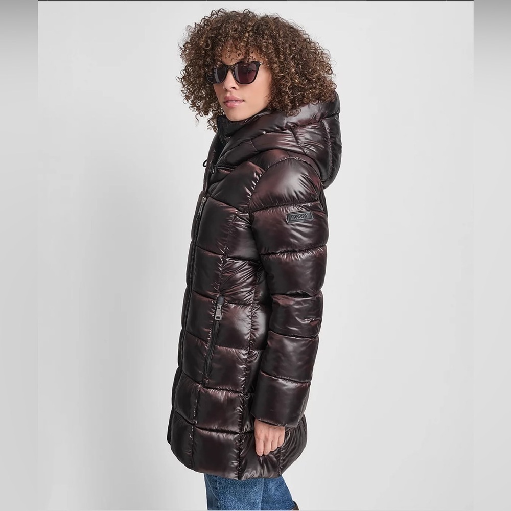 ❄️ DKNY Metallic burgundy Black Cherry 🍒 Bib Packable Shiny Bomber Jacket Coat - Picture 5 of 7